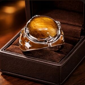 Chunky Tigers Eye Statement Ring Stainless Steel Star Details - Size 7